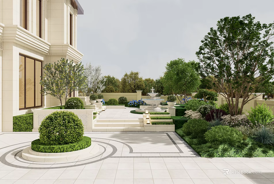 Elegant Courtyard Garden Design With Manicured Greenery Stone Steps Paved Patio And Fountain 3d model 