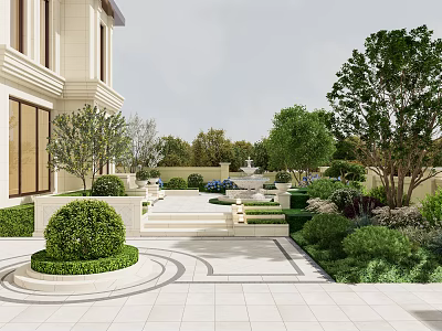 Elegant Courtyard Garden Design With Manicured Greenery Stone Steps Paved Patio And Fountain 3d model
