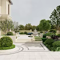 Elegant Courtyard Garden Design With Manicured Greenery Stone Steps Paved Patio And Fountain