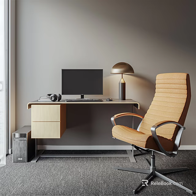 Modern Wooden Desk with Computer Monitor Table Lamp Speaker and Brown Chair 3d model 