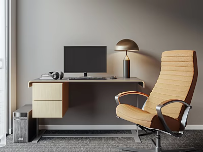 Modern Wooden Desk with Computer Monitor Table Lamp Speaker and Brown Chair 3d model