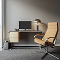 Modern Wooden Desk with Computer Monitor Table Lamp Speaker and Brown Chair