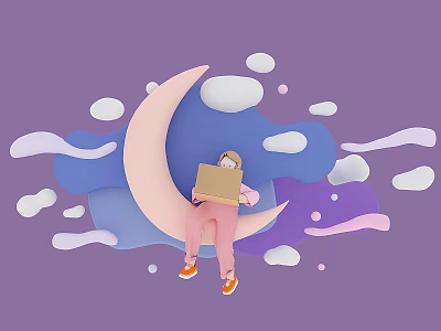 Game Movie Character Sitting On Crescent Moon Holding Box With Clouds And Purple Sky 3d model
