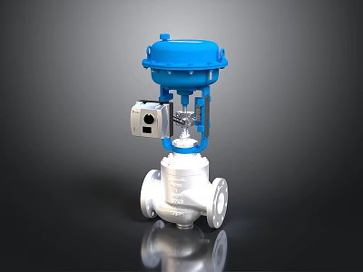 Industrial Control Valve With Blue Top Silver Body And Flanged Base 3d model