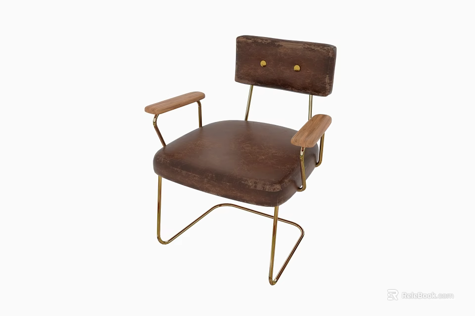 Brown Leather Leisure Chair With Gold Button Accent Wooden Armrests And Metal Legs 3d model 