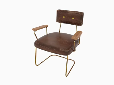 Brown Leather Leisure Chair With Gold Button Accent Wooden Armrests And Metal Legs 3d model