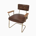 Brown Leather Leisure Chair With Gold Button Accent Wooden Armrests And Metal Legs