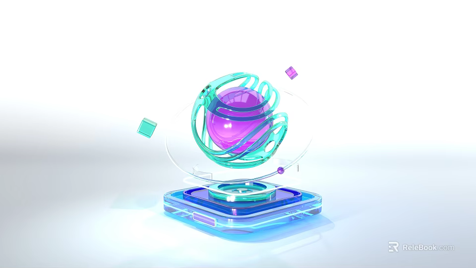 Futuristic Purple Sphere With Green Circular Structure On Blue Base And Small Cubes 3d model 