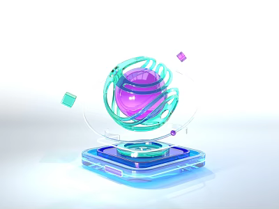 Futuristic Purple Sphere With Green Circular Structure On Blue Base And Small Cubes 3d model