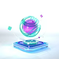 Futuristic Purple Sphere With Green Circular Structure On Blue Base And Small Cubes