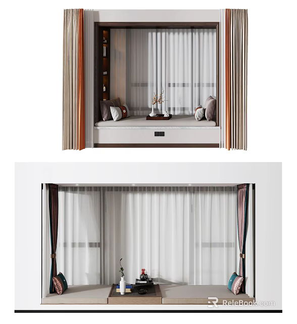 Cozy Modern Bay Window Interior With Curtains Decorative Pillows And Small Decor Items 3d model 