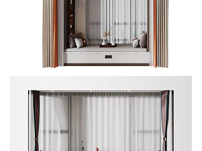 Cozy Modern Bay Window Interior With Curtains Decorative Pillows And Small Decor Items 3d model