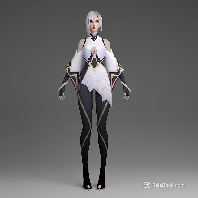 3D Female Character Creature with White Long Hair and Black White Geometric Outfit Design 3d model 