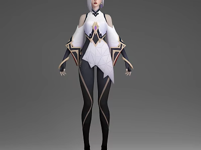 3D Female Character Creature with White Long Hair and Black White Geometric Outfit Design 3d model