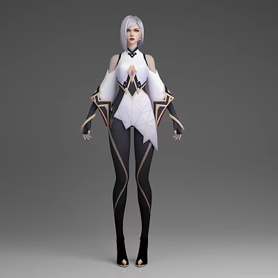 3D Female Character Creature with White Long Hair and Black White Geometric Outfit Design 3d model