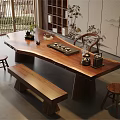 Traditional Chinese Solid Wood Tea Table and Chairs with Bench Stools and Tea Set 3d model