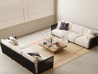 Modern Living Room Sofa Coffee Table Set With Wooden Top Pillows Blanket And Rug 3d model
