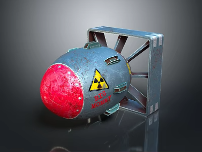 Detailed 3D Model of Bomb Weapon with Red Sphere Yellow Radioactive Symbol and Metal Frame 3d model