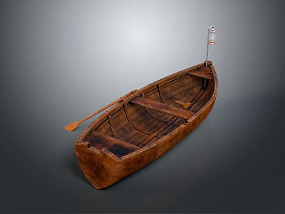 Traditional Wooden Boat With Oar Interior Seats And Natural Wood Planks 3d model
