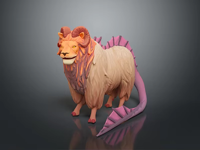 3D Rendered Mythical Creature With Lion Body Ram Horns And Pink Tail 3d model