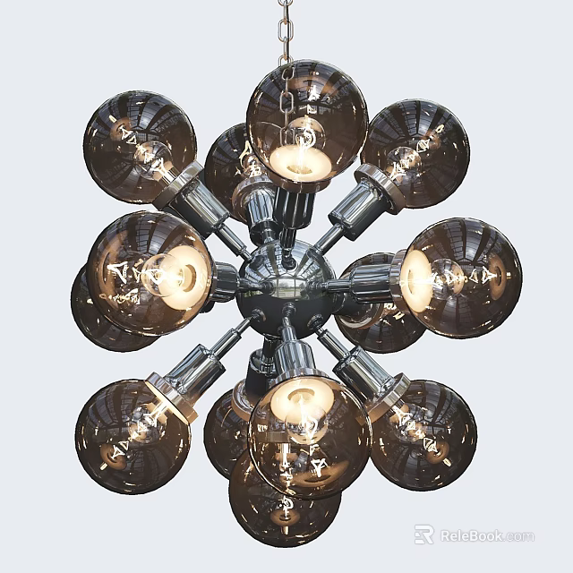 Modern Chandelier With Multiple Smoked Glass Spherical Bulbs And Branched Arms 3d model 
