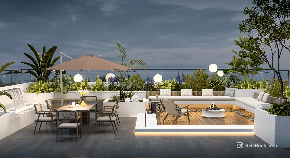Outdoor Terrace With Seating Furniture Fire Pit Plants And Night View 3d model 