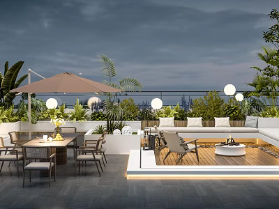 Outdoor Terrace With Seating Furniture Fire Pit Plants And Night View 3d model
