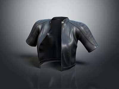 Black Leather Short Sleeve Jacket With Open Front And Stitch Details Design 3d model