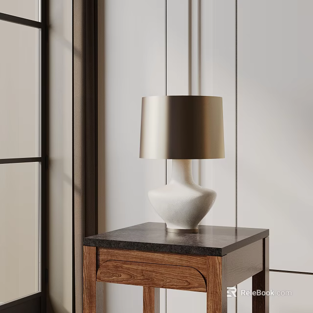 Modern Minimalist Table Lamp With White Base And Gold Lampshade On Dark Countertop Wooden Nightstand 3d model 