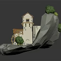 Low Poly Watermill Building With Orange Roof On Rock Surrounded By Trees