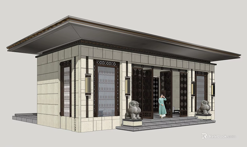 Chinese Style Entrance Gate With Symmetrical Stone Lions Steps And Traditional Attire Figure 3d model 