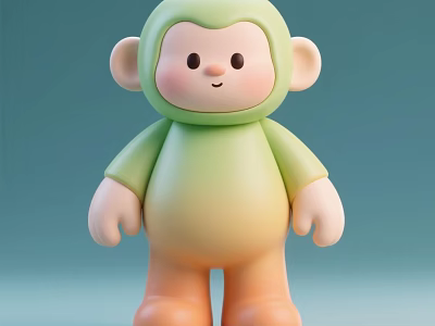 Cute Green Orange Monkey Doll With Rounded Body Big Ears And Smiling Face 3d model