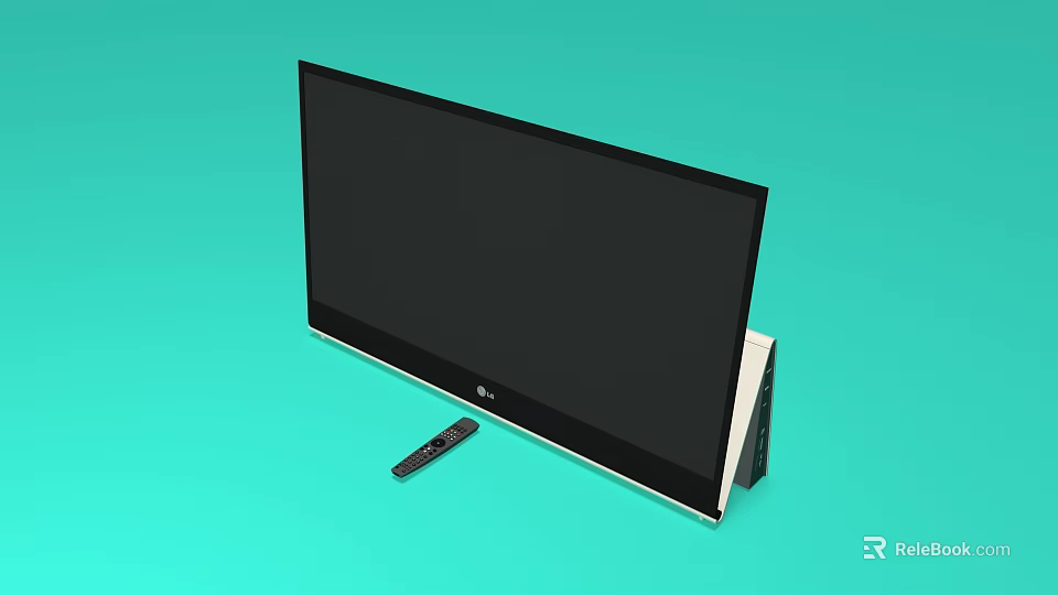 LG Television with Black Screen and Remote Control on Light Green Background 3d model 