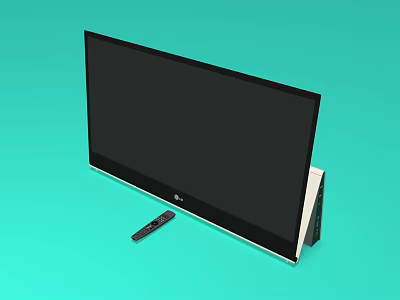 LG Television with Black Screen and Remote Control on Light Green Background 3d model