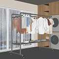 Stainless Steel Garment Rack With Hanging Clothes And Shoes Near Washing Machines