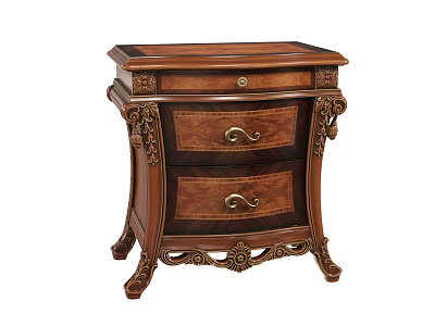 Classic Ornate Wooden Nightstand With Two Drawers Metal Handles Carved Details And Decorative Legs 3d model