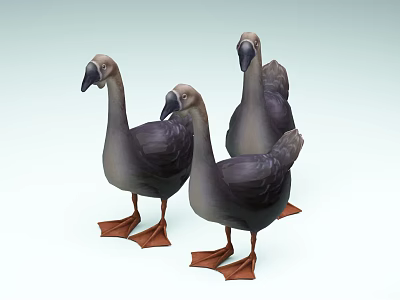 Three Geese Flying Animals with Brown Gray Feathers and Orange Webbed Feet Standing Together 3d model