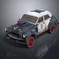 Vintage Military Vehicle with Weathered White and Dark Body Red Wheels Front Siren Light