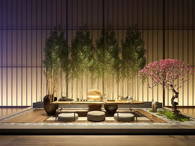 Japanese Tea Room Featuring Tea Table Chairs Green Plants And Pink Flowering Tree 3d model