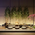 Japanese Tea Room Featuring Tea Table Chairs Green Plants And Pink Flowering Tree
