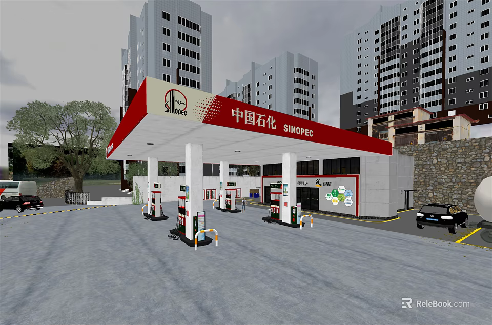 Sinopec Gas Station With Red Canopy Fuel Pumps And High Rise Buildings In City 3d model 