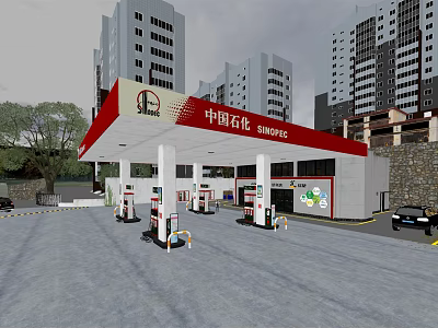 Sinopec Gas Station With Red Canopy Fuel Pumps And High Rise Buildings In City 3d model