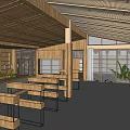 Modern Restaurant Interior With Wooden Structure Glass Windows Seating And Green Plants