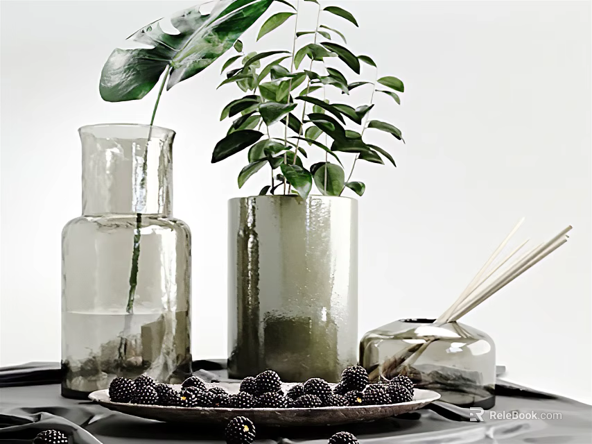 Minimalist Decorative Ornament Set With Glass Vases Green Plants Leaf Fragrance Sticks And Black Berries 3d model 