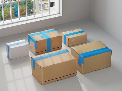 Brown and white cardboard boxes with blue tape in sunlit room 3d model