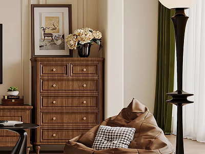 Comfortable Brown Bean Bag Chair With Plaid Cushion Wooden Chest Vase Flowers And Framed Artwork 3d model
