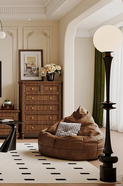 Comfortable Brown Bean Bag Chair With Plaid Cushion Wooden Chest Vase Flowers And Framed Artwork 3d model