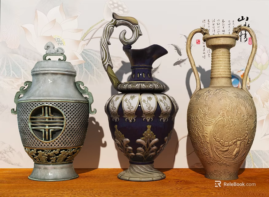 Traditional Chinese Ceramic Vessels with Intricate Carvings Colorful Glazes and Cultural Patterns 3d model 