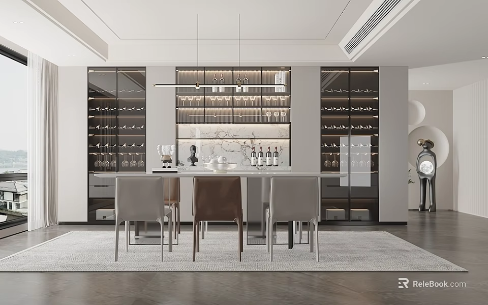 Modern Open Concept Dining Room Interior Design With Wine Cabinet Dining Table And Chairs 3d model 