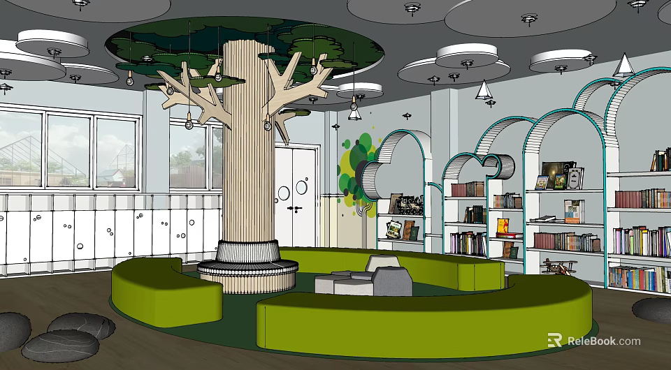 Kindergarten Interior Design With Tree Shaped Decoration Green Curved Seating Bookshelves Windows And Ceiling Lights 3d model 